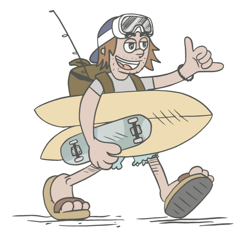 Mr Weekender — illustrated character walking with surfboards, skateboard and fishing rod